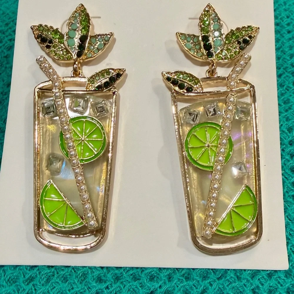 Cocktail Earrings Fun Statement Sparkle Rhinestone Lime Mint Mojito Vacation - Picture 2 of 6